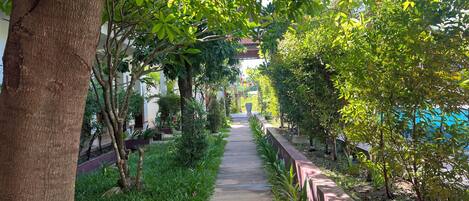 Un sendero bordeado de árboles y vegetación que conduce a un edificio con tejado de baldosas.