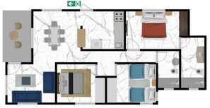 A hotel room layout with a bed, seating area, and a small kitchenette. - 6B Santiago Harmonic Apt Especially For You (Santiago de los Caballeros)