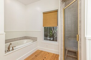 Jetted bath, hair dryer, towels, soap