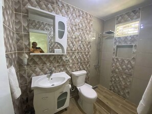 Shower, hair dryer, towels