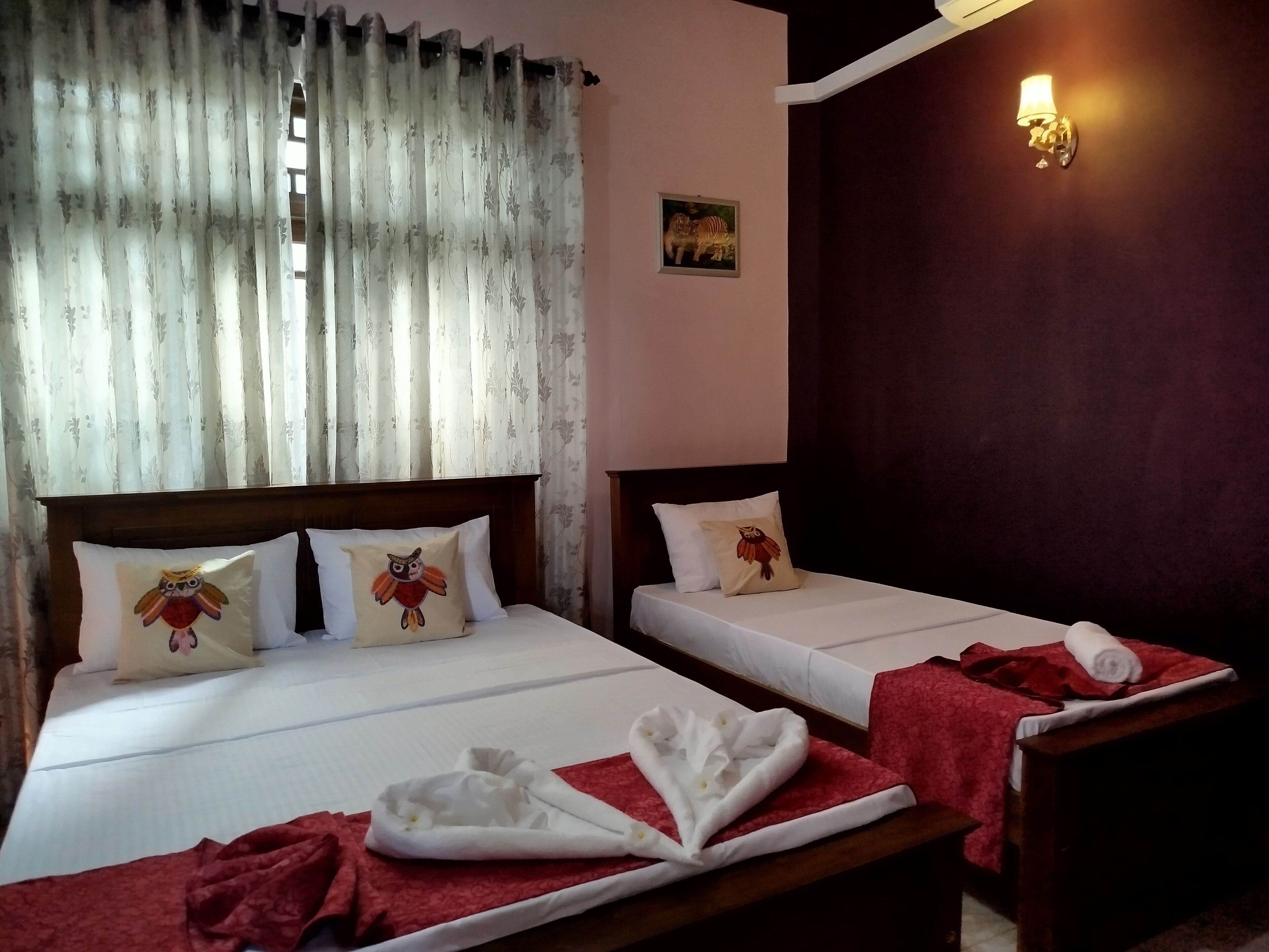 A hotel room with two single beds, each with a pillow featuring an owl design. There is a red throw blanket on one bed and a towel on the other. A wall-mounted lamp provides lighting, and a framed picture of a zebra is visible on the wall.