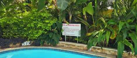 Uma piscina com uma placa listando regras para a piscina e hidromassagem, rodeada por vegetação exuberante.