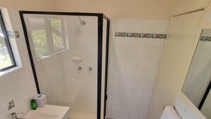 Une salle de bain avec un lavabo, une douche et une baignoire.