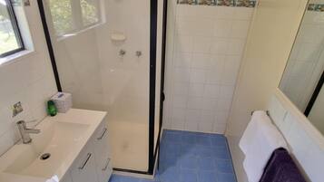 Hair dryer, towels, soap, shampoo