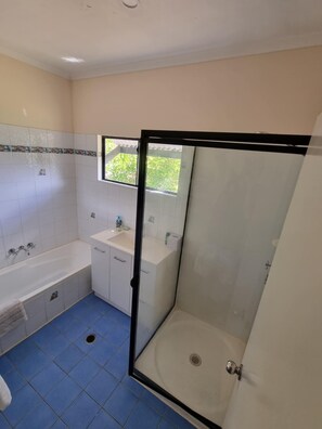 Secador de cabelo, toalhas de banho, sabonete, shampoo
