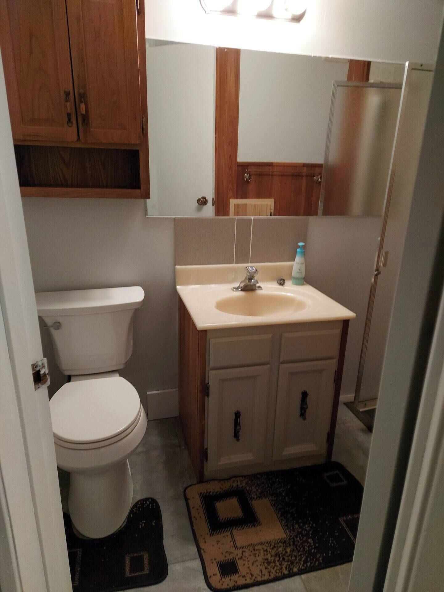Une petite salle de bain avec des toilettes, un lavabo et un meuble de rangement.