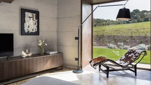 A modern living room with a large window, a floor lamp, a TV, and a leather chair. - Private Villa with hot tub, private pool, A/C, WIFI, patio, pets allowed, close to San Gimignano (Volterra)