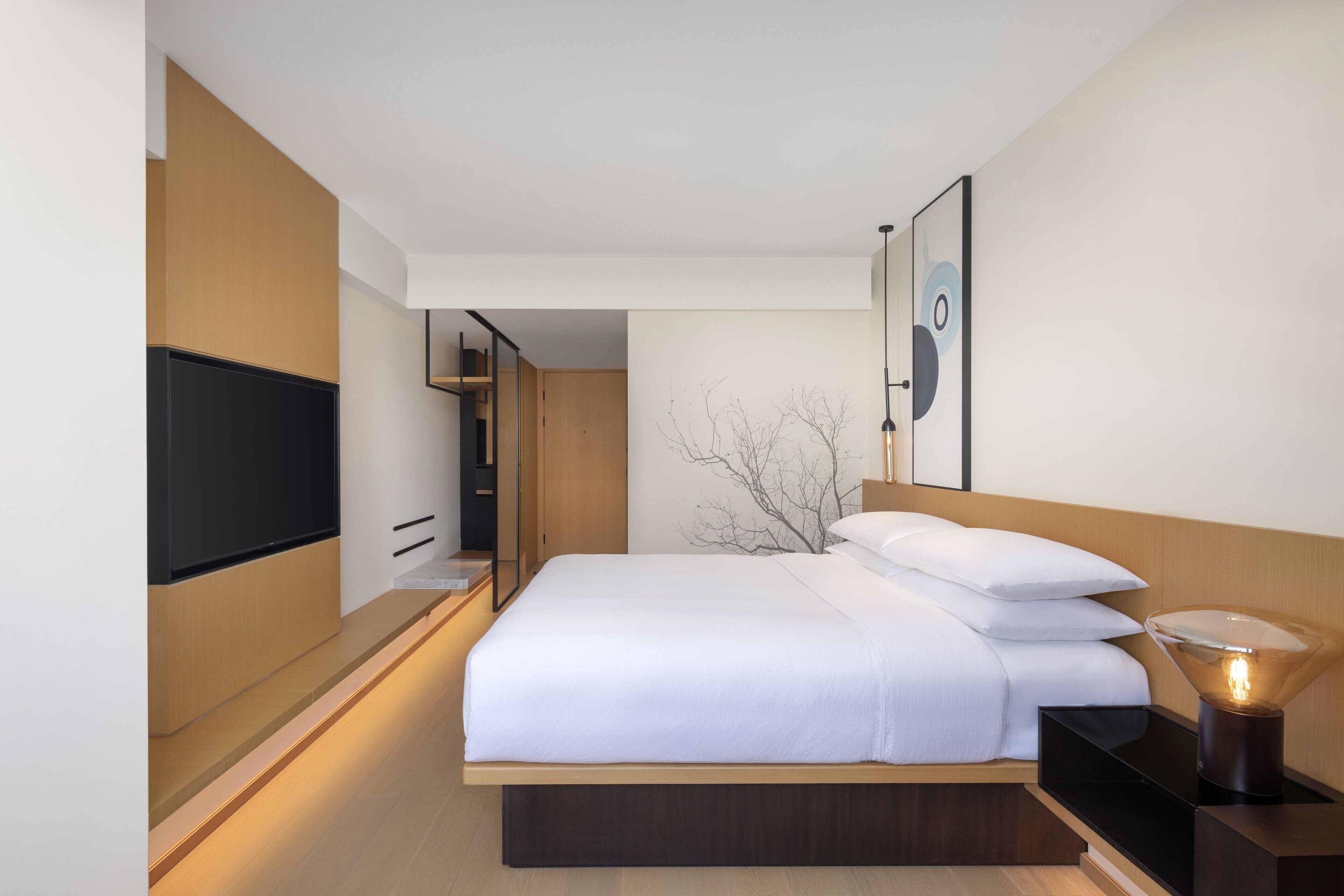 A modern hotel room with a large bed, a flat-screen TV, a bedside table with a lamp, and a wall-mounted artwork.