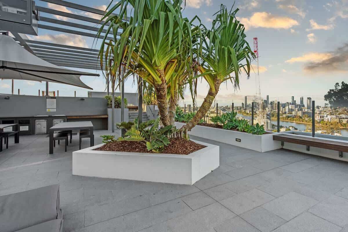 Eine Dachterrasse mit Sitzgelegenheiten im Freien, Pflanzgefäßen mit Grünpflanzen und Blick auf eine Stadtlandschaft.
