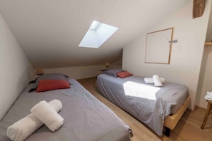A dormitory room with two beds, a skylight, and a wooden floor. - Gîte L'instant Vosges, private spa area (Aydoilles)