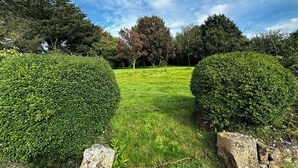 Un jardin bien entretenu, avec des haies soigneusement taillées et un chemin dégagé qui le traverse.
