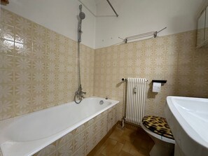 A bathroom with a bathtub, toilet, and shower.