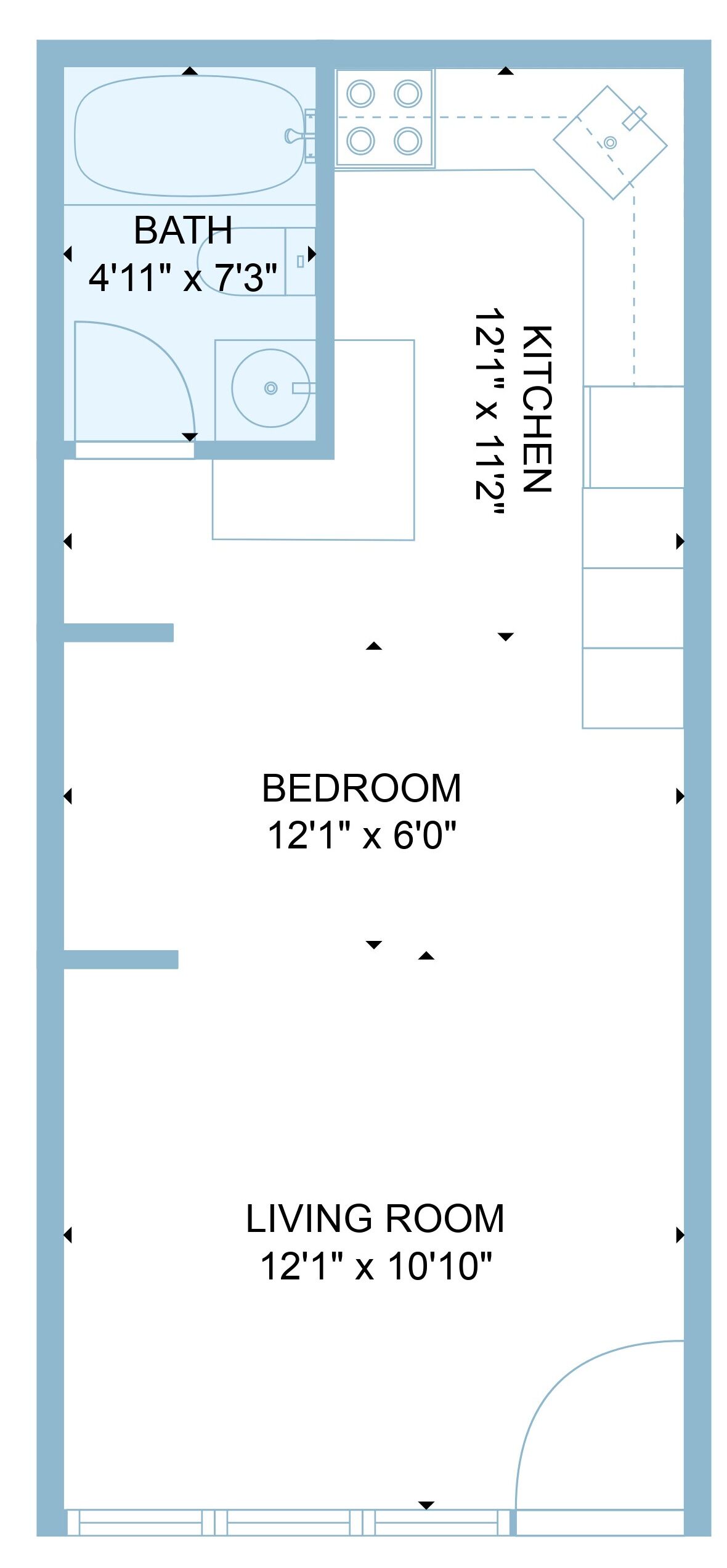 Pianta degli interni con un bagno di 1,5 metri per 2,2 metri, una cucina di 3,7 metri per 3,4 metri, una camera da letto di 3,7 metri per 1,8 metri e un soggiorno di 3,7 metri per 2,9 metri.