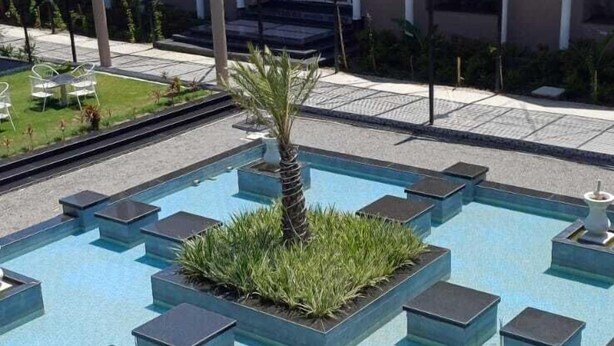 A swimming pool with geometric planters and a palm tree, surrounded by a building with a modern design.