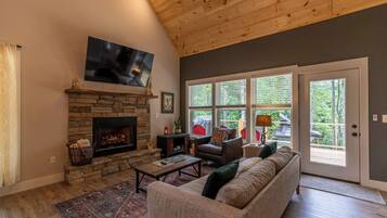 Smart TV, fireplace, DVD player, books