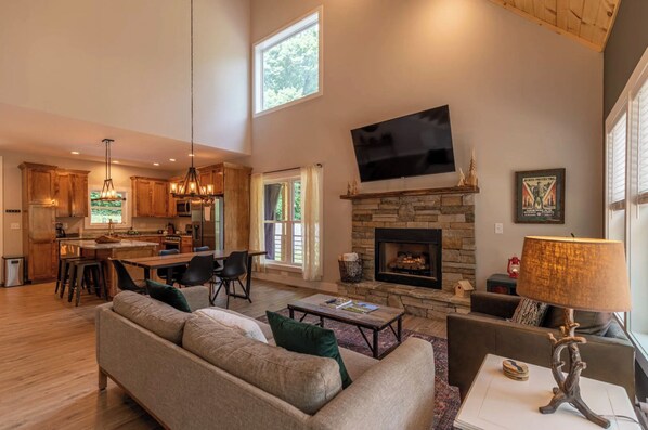 Smart TV, fireplace, DVD player, books