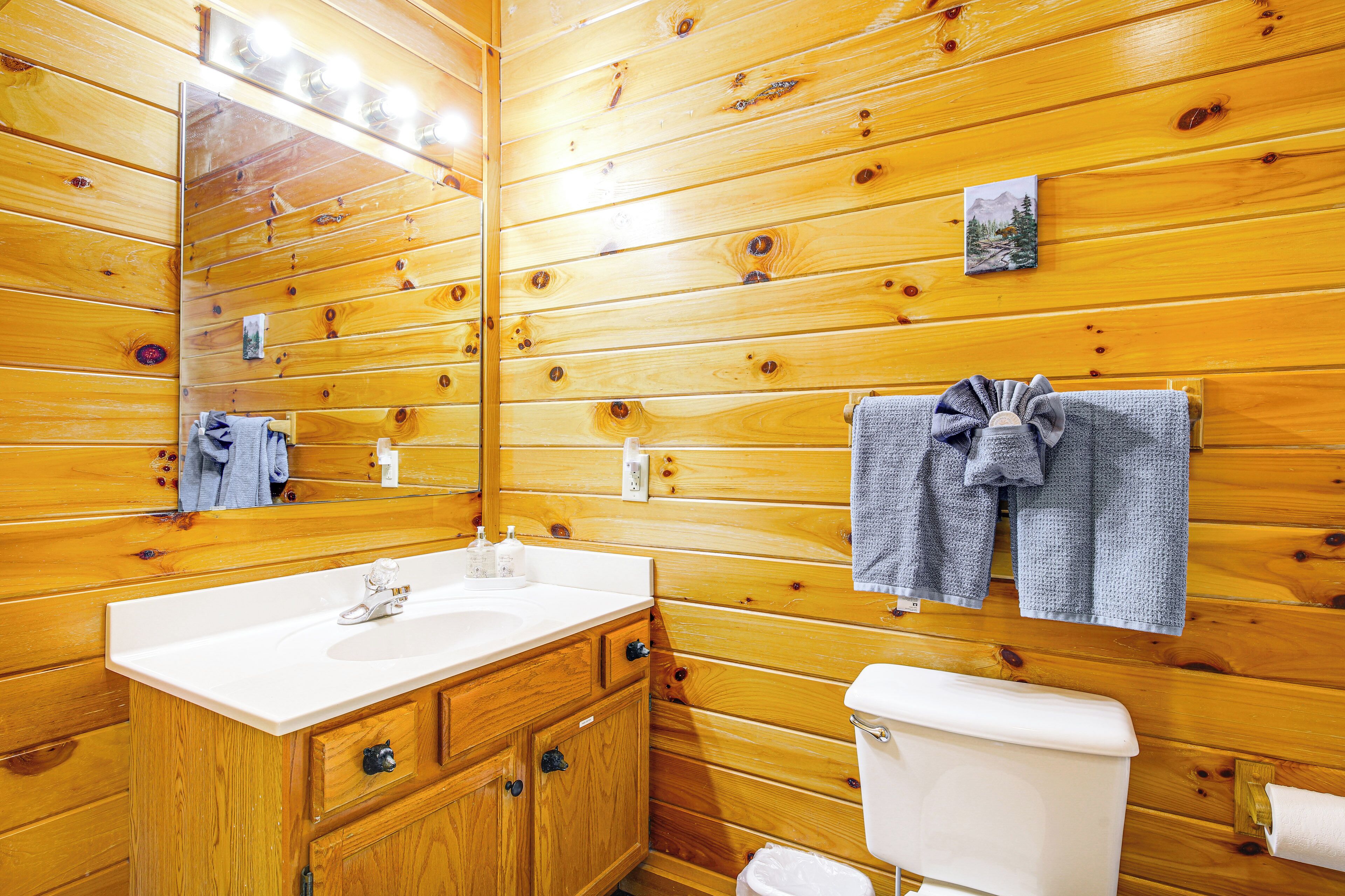 Bany d'una cabana de fusta amb un lavabo blanc, armaris de fusta, un vàter i un mirall.