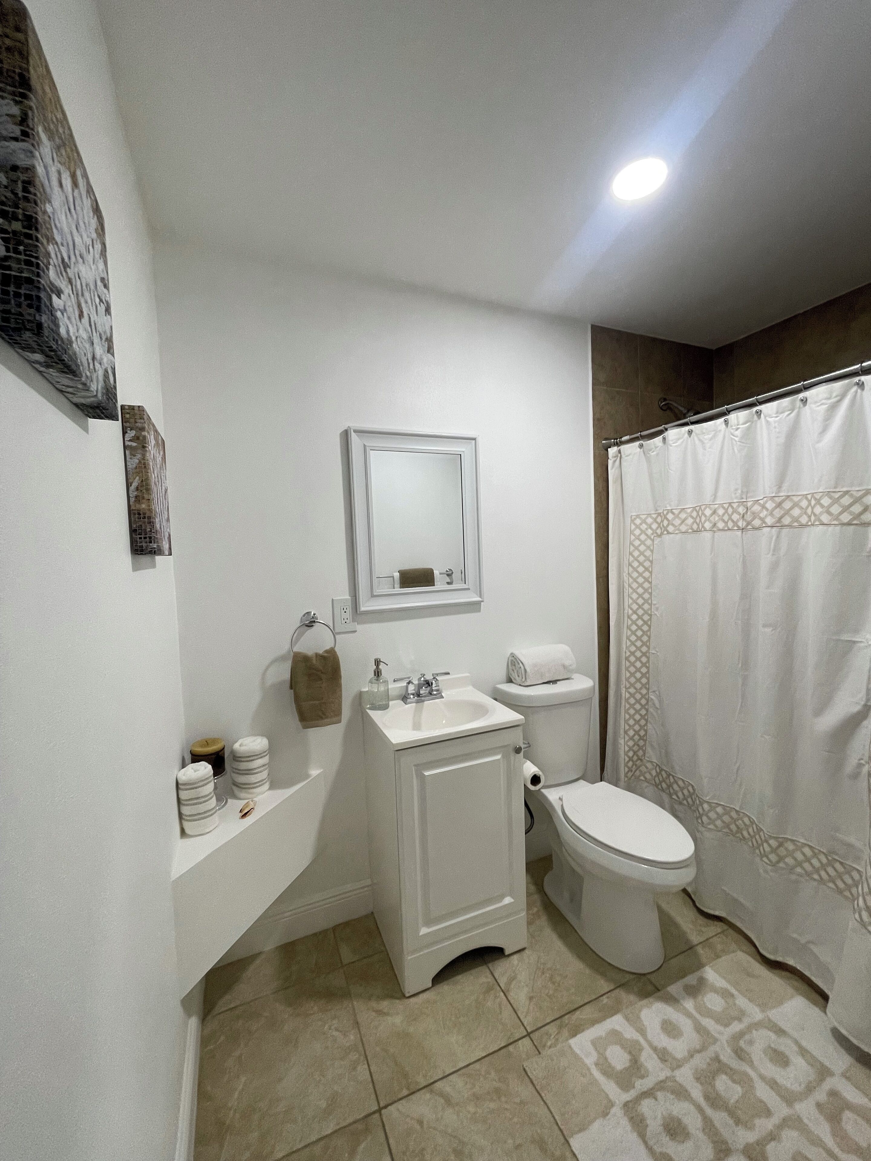 A bathroom with a sink, toilet, and shower curtain.