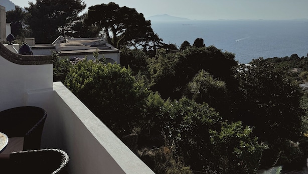 Eine Terrasse mit Meerblick, umgeben von Grün und blauem Himmel.