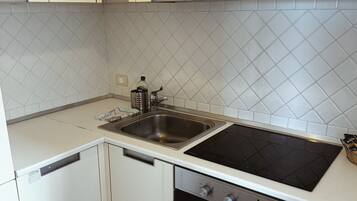 Full-sized fridge, oven, stovetop, electric kettle