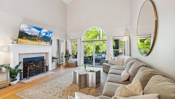 Smart TV, fireplace, books, computer monitors