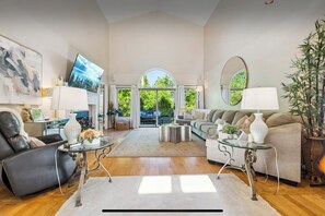 Smart TV, fireplace, books, computer monitors