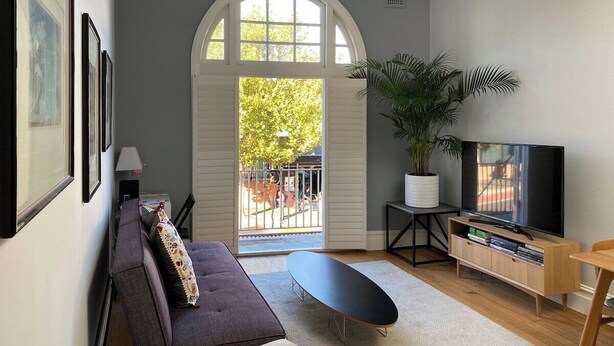 Ein Wohnzimmer mit einer Couch, einem Couchtisch, einem Fernseher auf einem Holzboden, einer großen Topfpflanze und Blick durch ein Fenster.