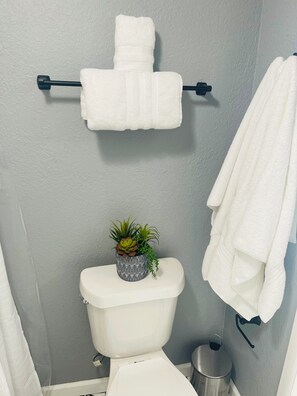 Secador de cabelo, toalhas de banho, sabonete, shampoo