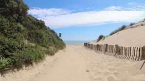 Un sentier de plage sablonneux, bordé d’une clôture en bois d’un côté et d’une végétation dense de l’autre.