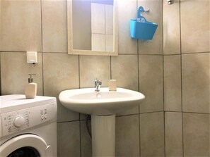 Shower, hair dryer, towels, toilet paper