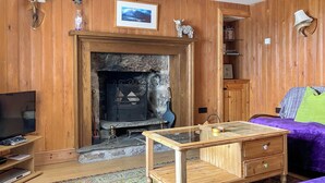 Une pièce chaleureuse avec une cheminée, des murs en bois, une télévision et un lit recouvert d’une couverture violette.