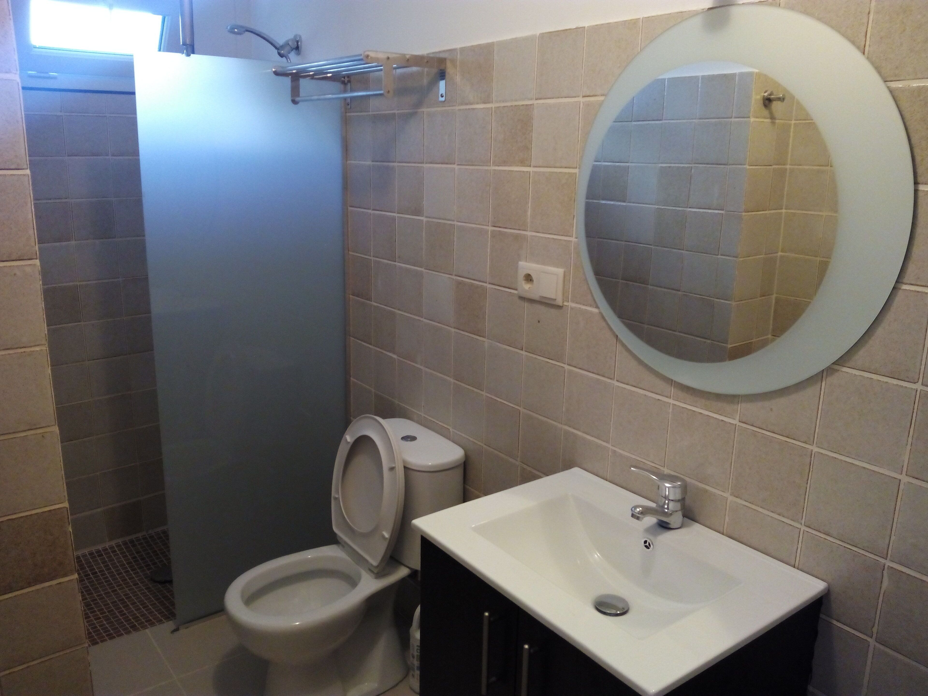 Hair dryer, towels, soap, toilet paper