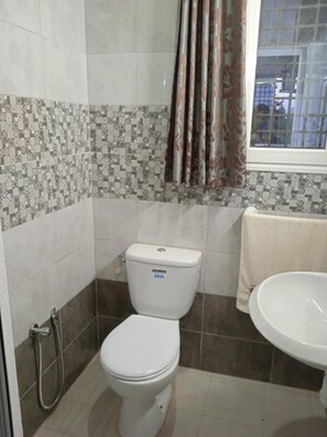 Un baño con inodoro, ducha y lavamanos.
