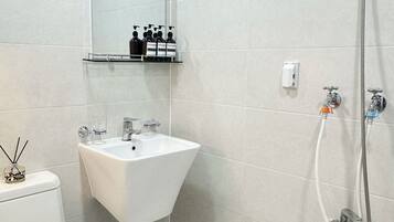 Shower, hair dryer, towels, soap