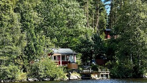 A cabin surrounded by dense forest, a dock extending into a lake, and a clear sky.