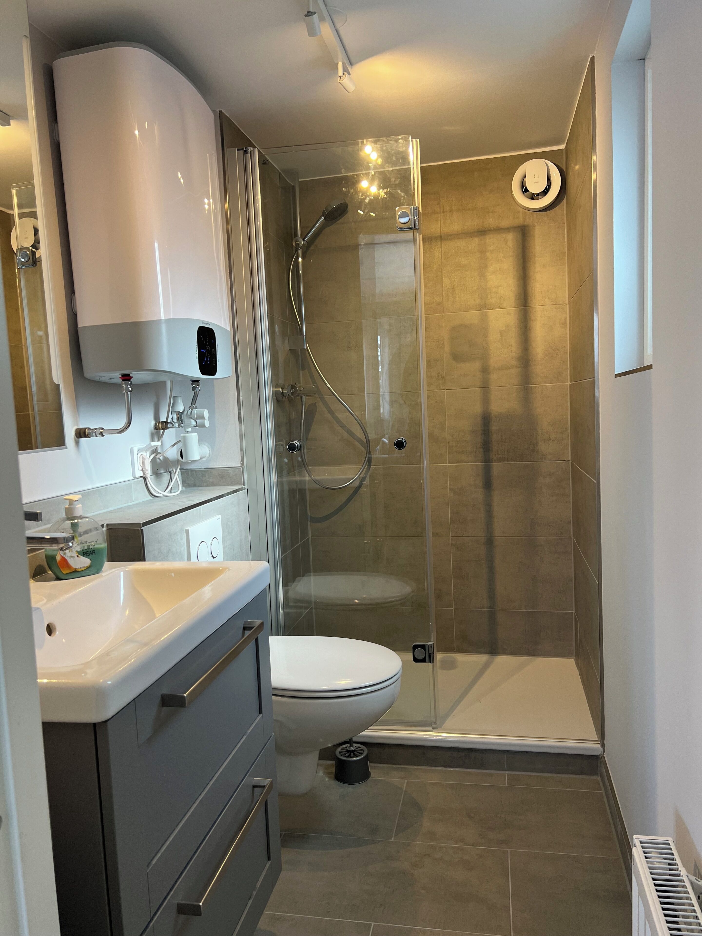 A modern bathroom with a glass shower enclosure, a white toilet, and a vanity with a sink.