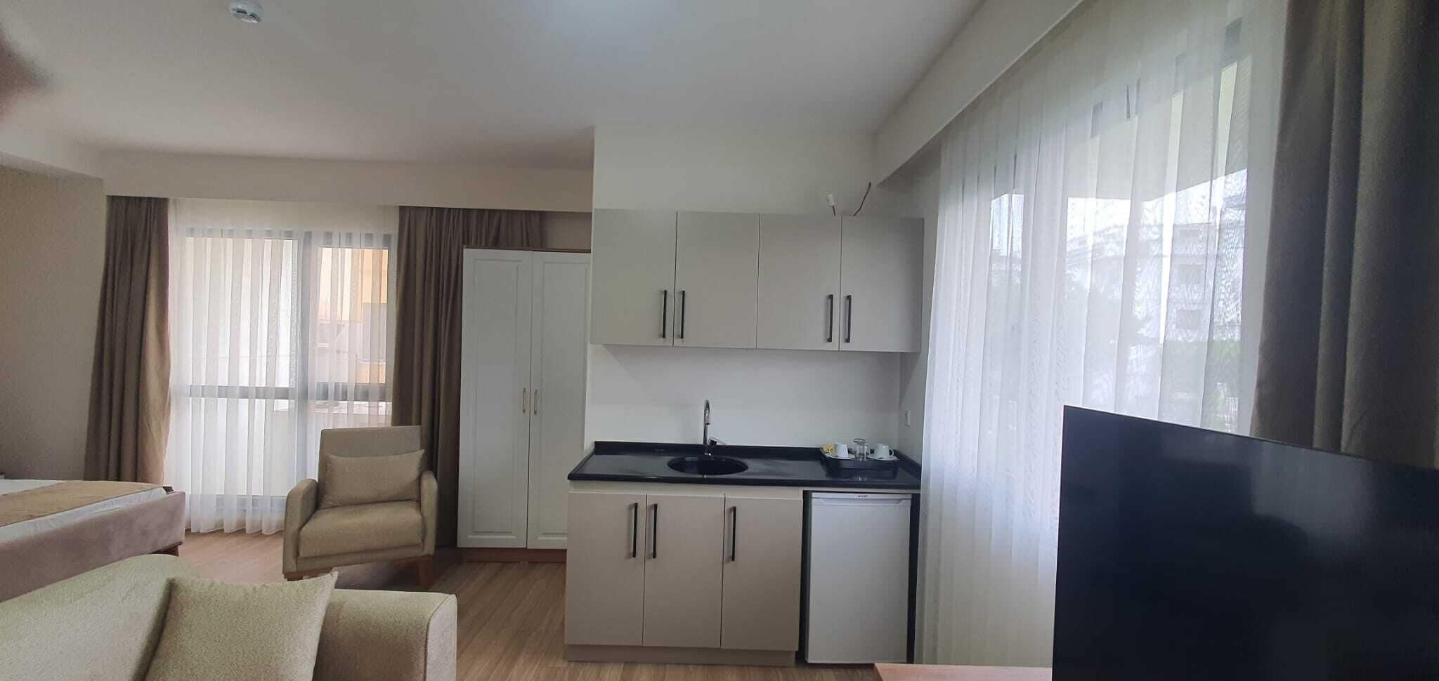 A hotel room with a bed, a sofa, a kitchenette, and a TV.