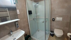 Une salle de bain moderne avec une douche à parois de verre, un lavabo blanc, des toilettes et un miroir au-dessus du lavabo.