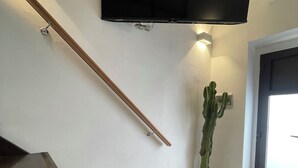 A staircase with a handrail, a flat-screen TV mounted on the wall, and a potted cactus.