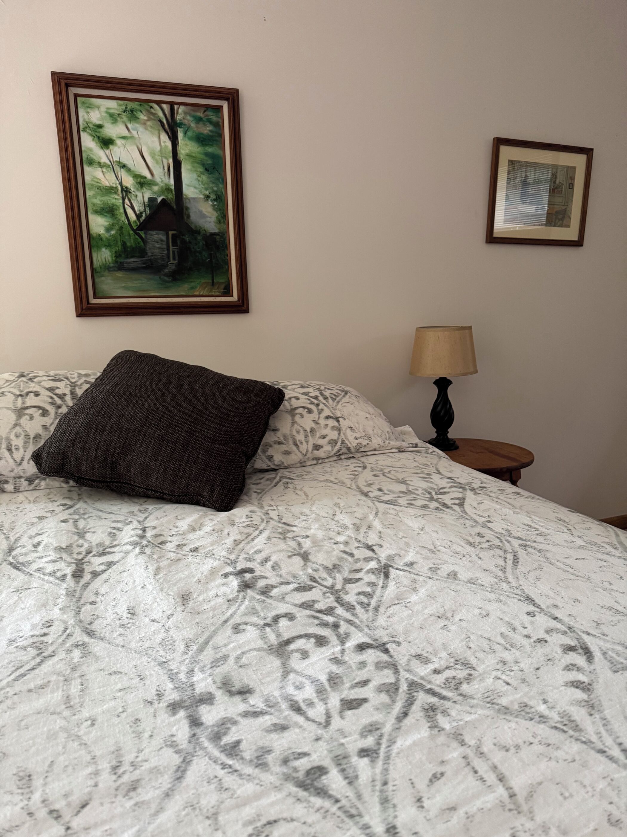 Une chambre à coucher avec une couvre-lit à motifs, un oreiller foncé, un tableau encadré représentant une scène de forêt, une lampe sur une table de chevet et une petite photo encadrée accrochée au mur.