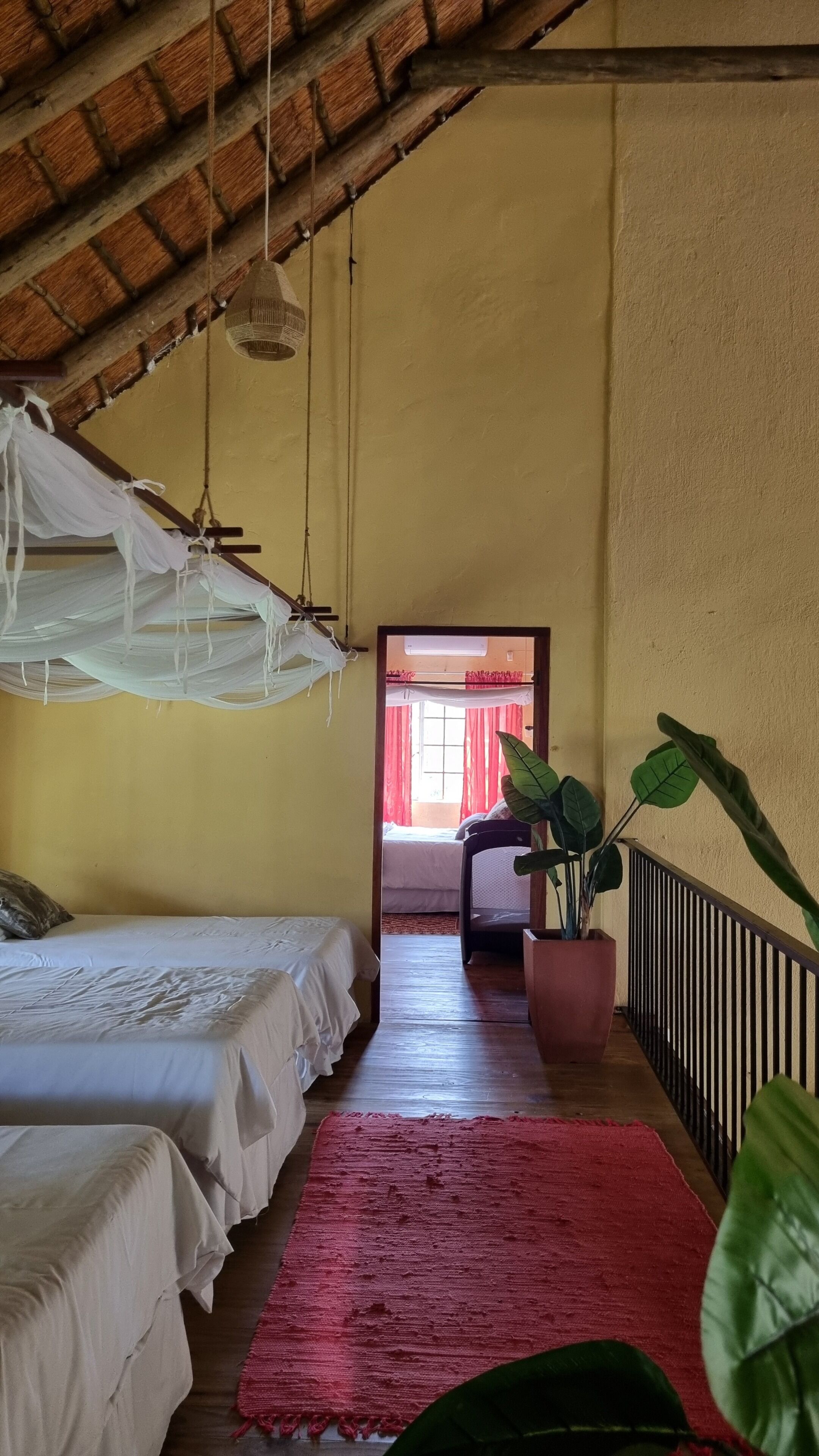 Habitación con dos camas, un tapete rojo, una planta en maceta y vista a una cortina y ventana rojas.