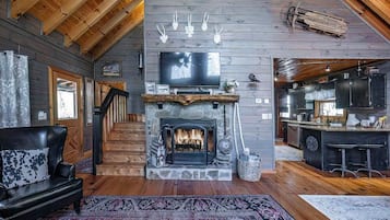 Smart TV, fireplace, DVD player, books