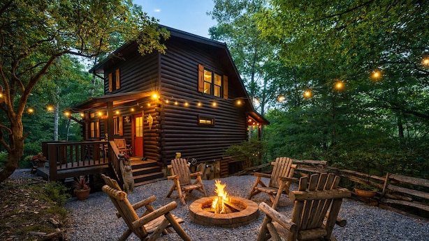 A log cabin with a fire pit and outdoor seating.