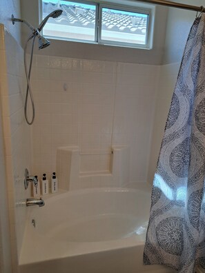 Hair dryer, towels, soap, shampoo