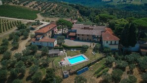 An aerial view of a rural property with a swimming pool, olive groves, and traditional architecture.