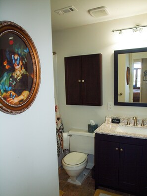 Hair dryer, towels, soap, shampoo