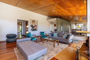 Smart TV, caminetto, lettore DVD, libri