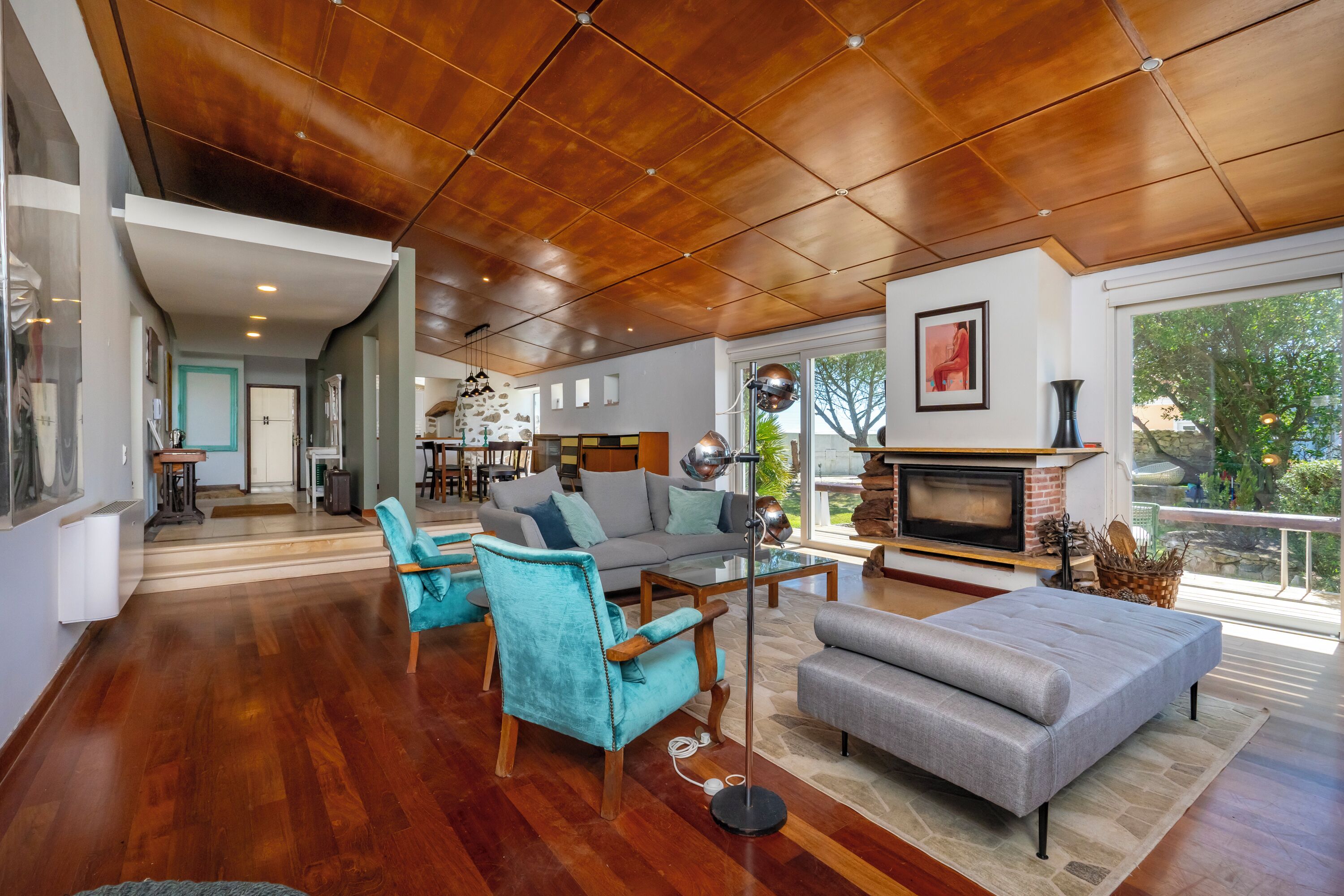 Älytelevisio, takka, DVD-soitin, kirjoja