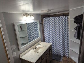 Shower, hair dryer, towels, toilet paper