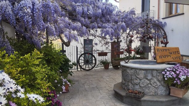A courtyard with purple wisteria vines, a stone fountain, and a sign that reads "Happy Wife Happy Life". - Al Chiaro di Luna (Agerola)